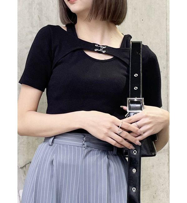 MURUA「フロントホックレイヤードテレコトップス」|Tシャツ・カットソー|ブラック