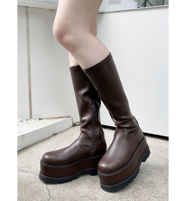 MURUA「ストレッチ厚底ハーフブーツ」|ロングブーツ|ブラウン