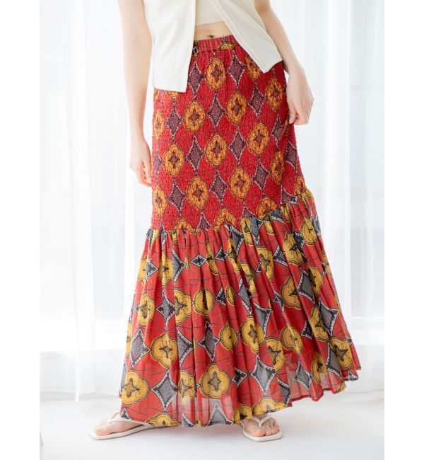 Ungrid「スモッキングバティック柄スカート」|スカート|レッド
