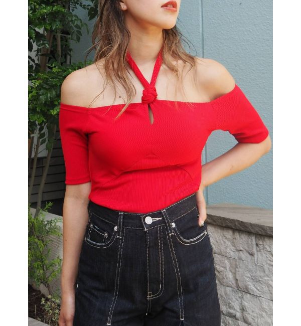 EVRIS「ボトルネックデザインオフショルトップス」|Tシャツ・カットソー|レッド