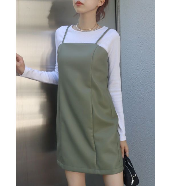 EVRIS「レザーライクミニワンピース」|ワンピース|カーキ