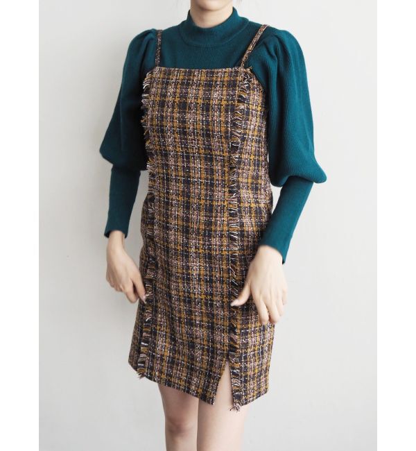 EVRIS「ツイードフリンジジャンスカ」|ワンピース|マスタード