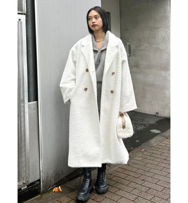 EVRIS「ラメオーバーサイズロングコート」|チェスターコート|ホワイト