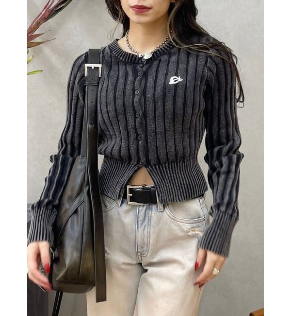 EVRIS「ワンポイントリブブリーチニットカーディガン」|カーディガン|ブラック