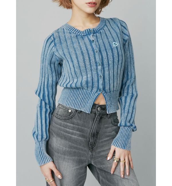 EVRIS「ワンポイントリブブリーチニットカーディガン」|カーディガン|ブルー