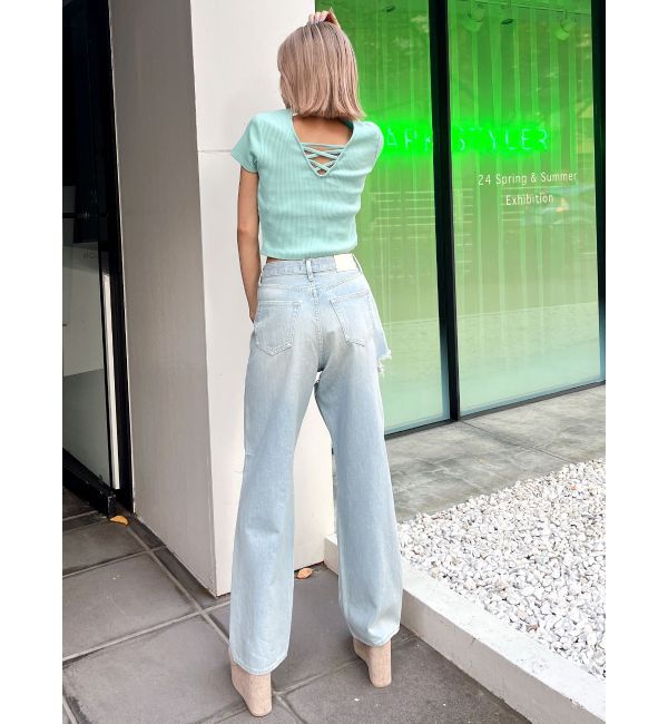 GYDA「SIDE RIPPEDストレートワイドデニムパンツ」|デニム|