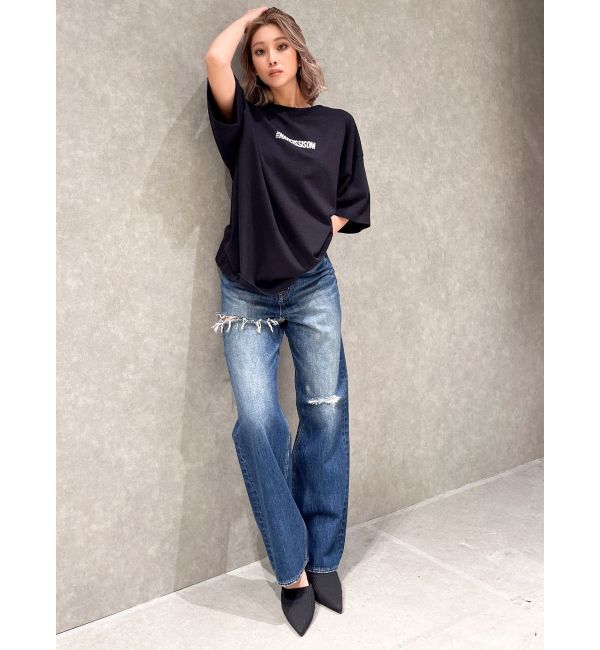 GYDA「SIDE RIPPEDストレートワイドデニムパンツ」|デニム|