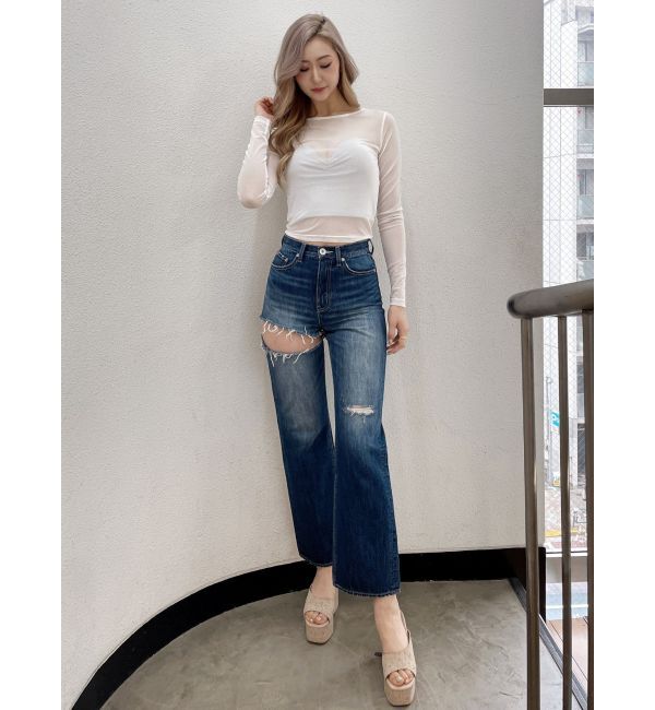 GYDA「SIDE RIPPEDストレートワイドデニムパンツ」|デニム|