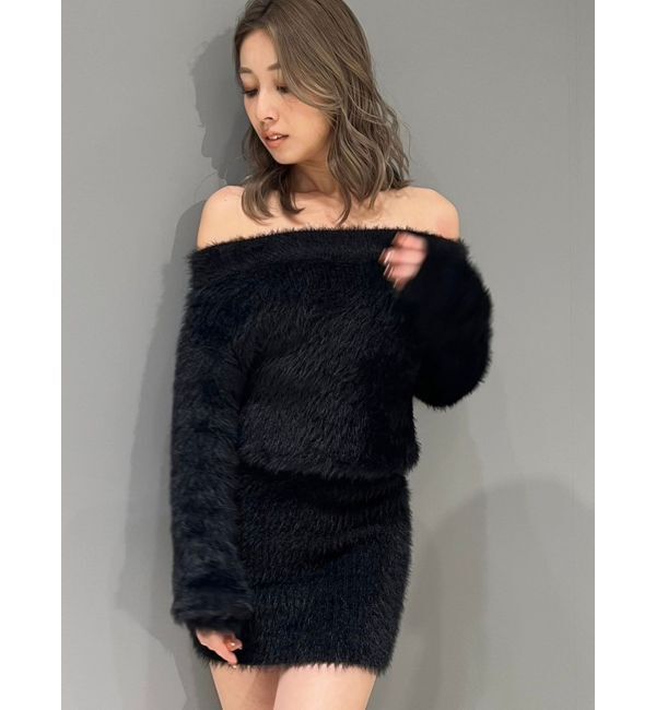 GYDA「オフショルデザインシャギーニットワンピース」|ワンピース|ブラック