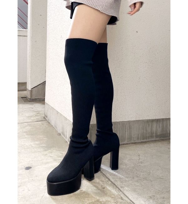 GYDA「チャンキーソールサイハイニットブーツ」|ロングブーツ|ブラック