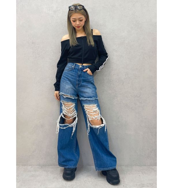 GYDA「ハイウエストThighs cutデザインダメージワイドデニムパンツ」|デニム|