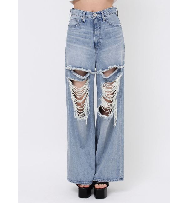 GYDA「ハイウエストThighs cutデザインダメージワイドデニムパンツ」|デニム|