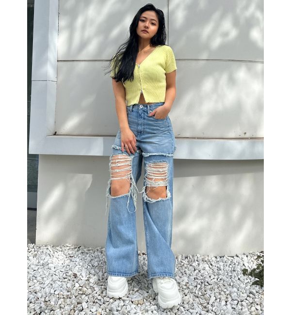 GYDA「ハイウエストThighs cutデザインダメージワイドデニムパンツ」|デニム|