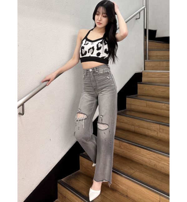 GYDA「superハイウエストDAMAGEストレートデニムパンツ」|デニム|