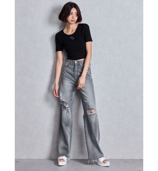 GYDA「superハイウエストDAMAGEストレートデニムパンツ」|デニム|