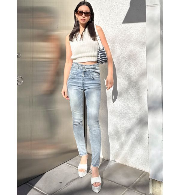 GYDA「ハイウエストフロントZIPベルトデザインスキニーデニムパンツ」|デニム|