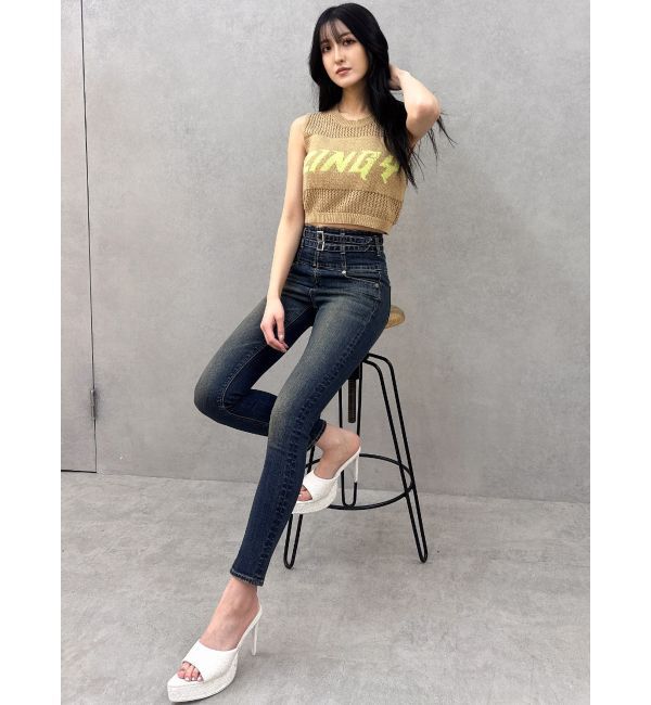 GYDA「ハイウエストフロントZIPベルトデザインスキニーデニムパンツ」|デニム|