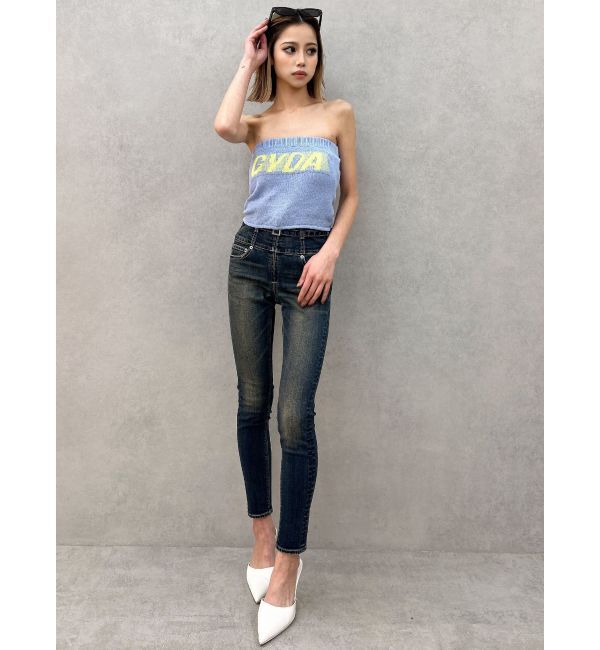 GYDA「ハイウエストフロントZIPベルトデザインスキニーデニムパンツ」|デニム|