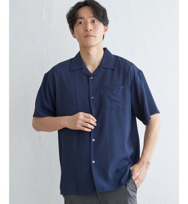 ikka「シャドーストライプオープンカラーシャツ」|シャツ・ブラウス|ネイビー