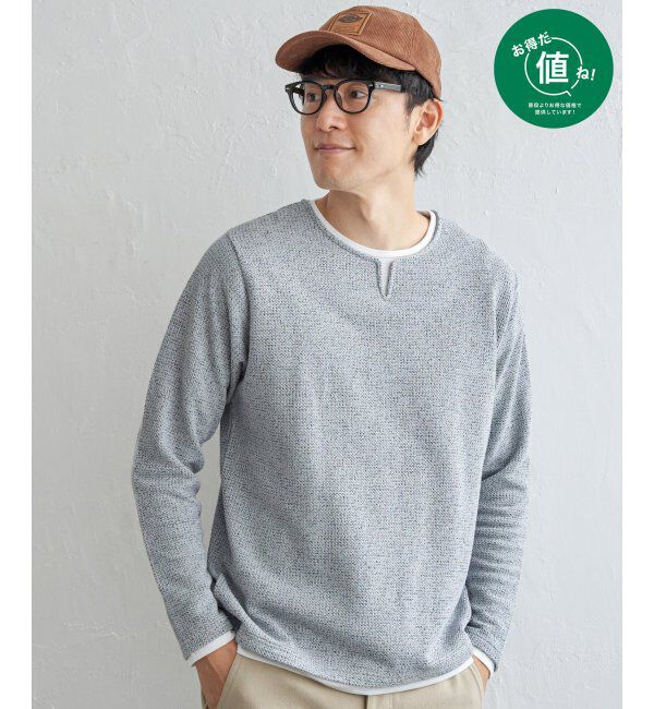 ikka「メランジ鹿の子キーネックレイヤード」|Tシャツ・カットソー|ライトグレー