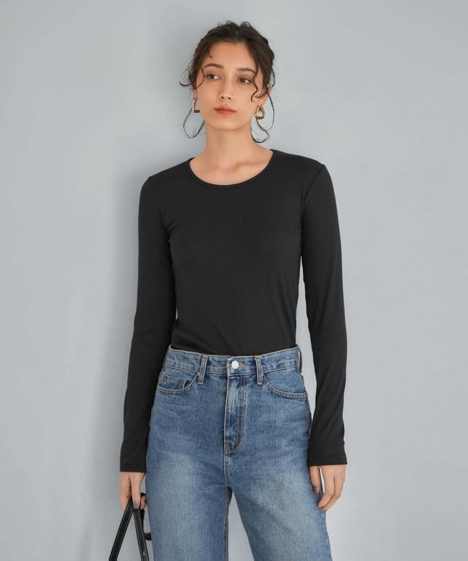 STYLE DELI「首開きベーシックリブトップス」|Tシャツ・カットソー|ブラック