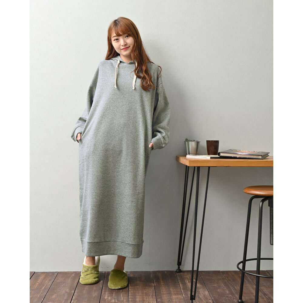 BACKYARD FAMILY「スウェットワンピース ロング 通販 ワンピース 長袖 カジュアル 裏起毛 あったか」|ルームウェア|グレー2
