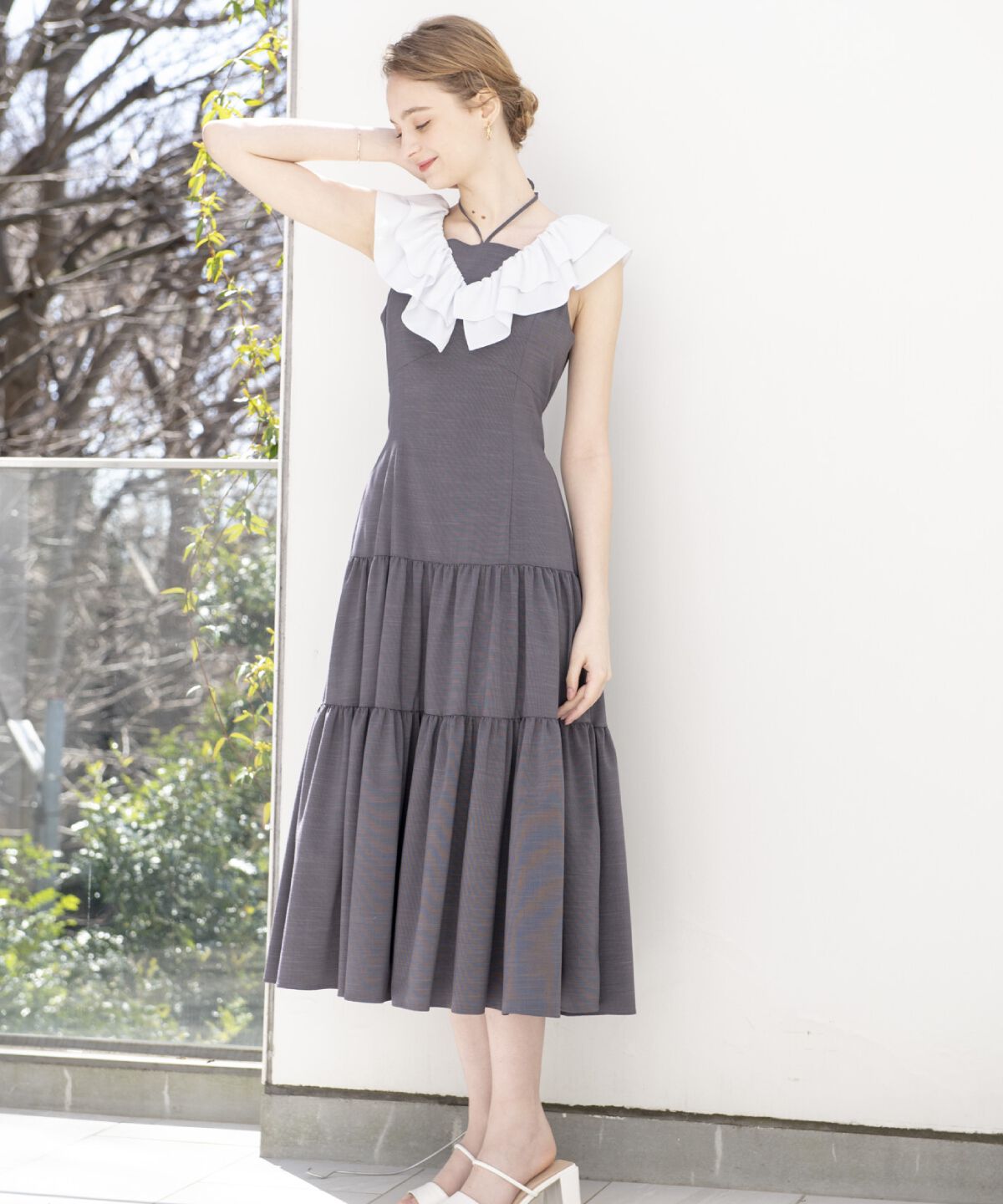 アンドクチュール「配色フリル襟ティアードワンピース」|ワンピース|