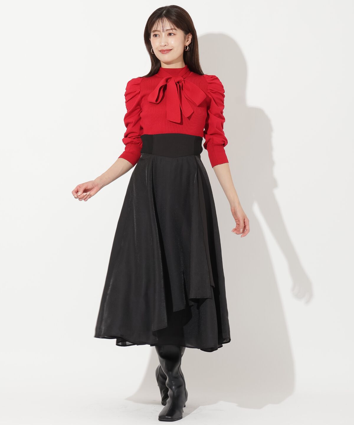 アンドクチュール「袖ギャザーボウタイ付きニットプルオーバー」|ニット・セーター|