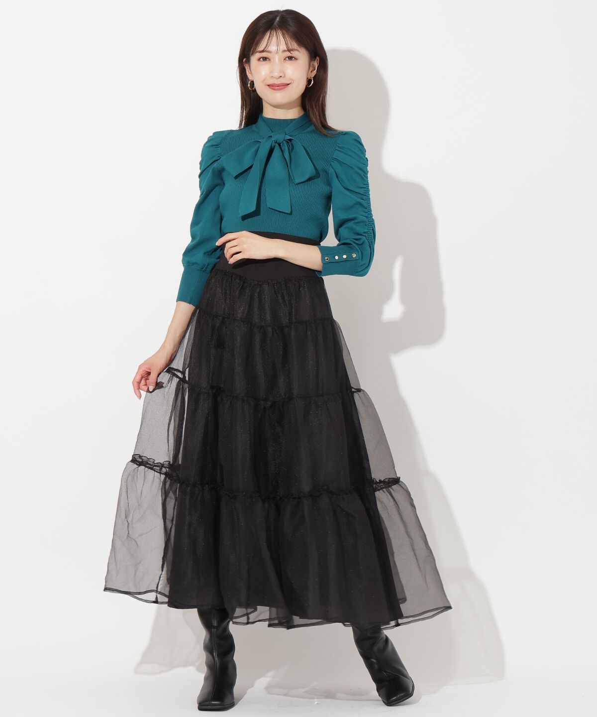 アンドクチュール「袖ギャザーボウタイ付きニットプルオーバー」|ニット・セーター|