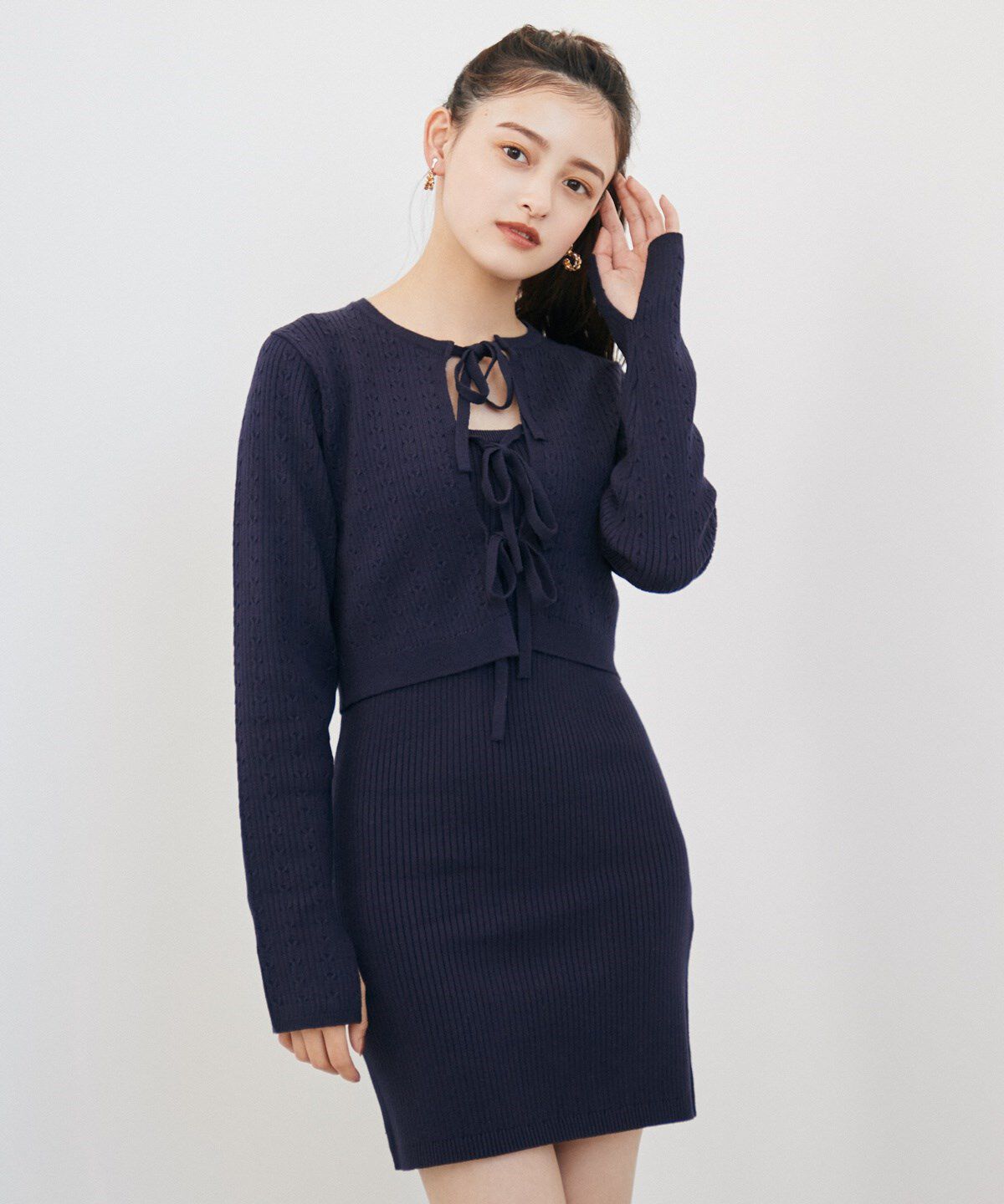 REDYAZEL「リボンカーディガン＆ミニ丈ワンピースセット」|ワンピース|ネイビー