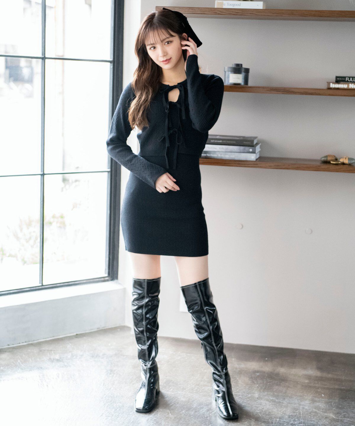 REDYAZEL「リボンカーディガン＆ミニ丈ワンピースセット」|ワンピース|ブラック