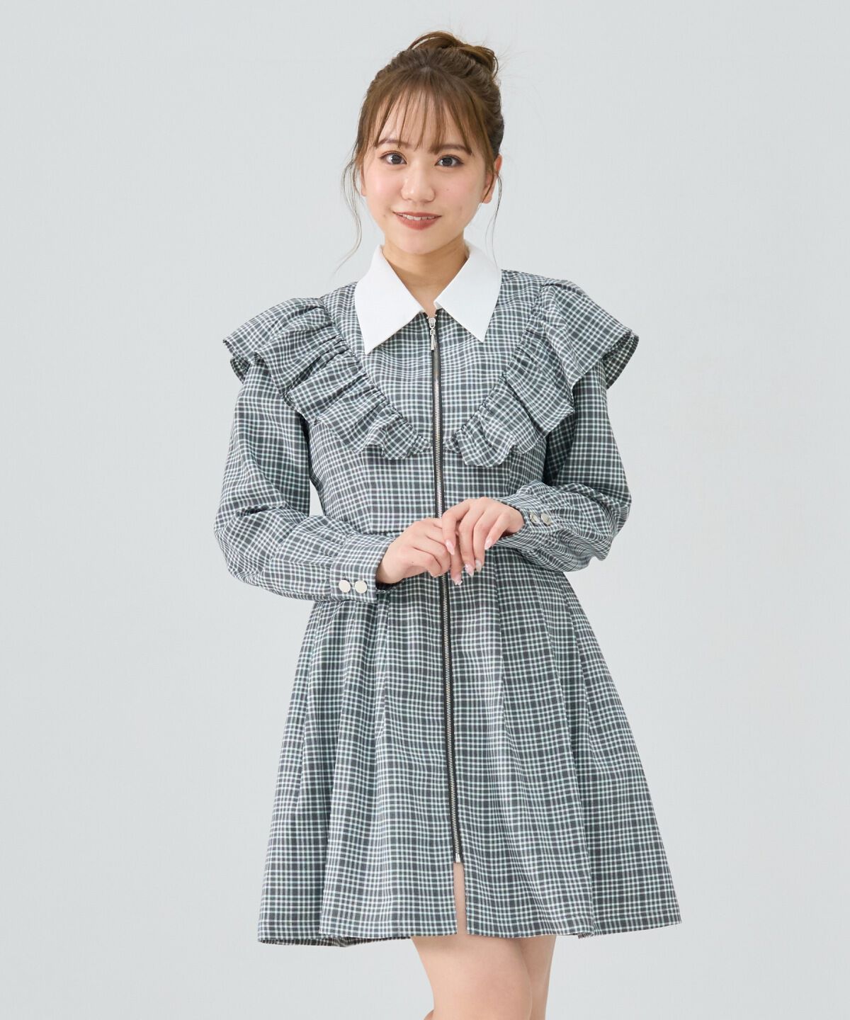 REDYAZEL「チェックフロントジップフリルミニシャツワンピース」|ワンピース|ｸﾞﾚｰ系ﾁｪｯｸ