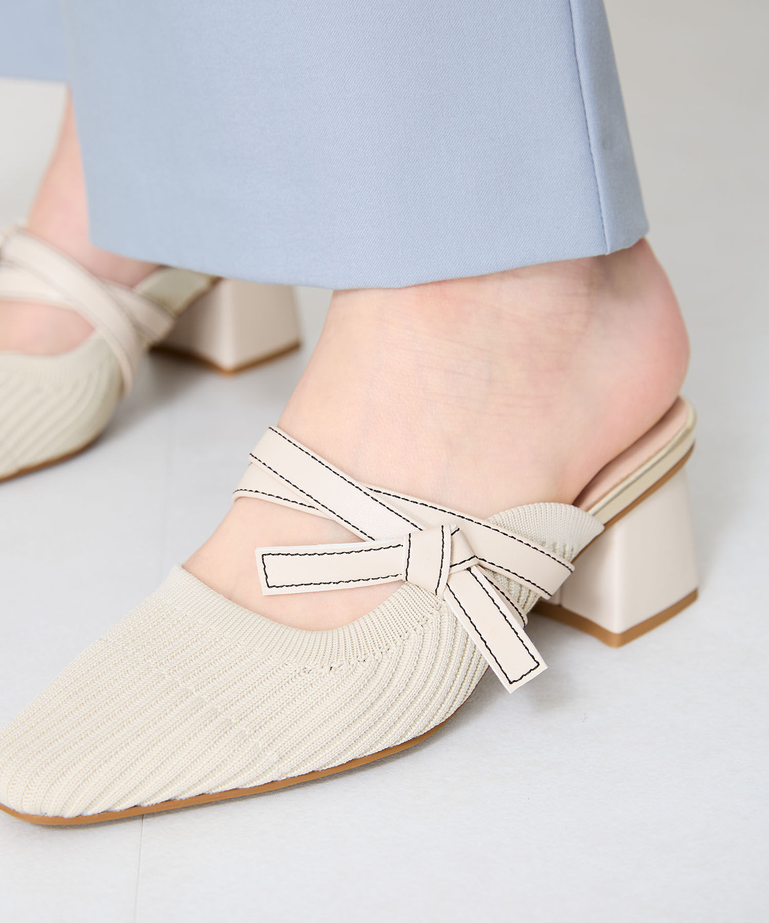 ORiental TRaffic「●2025春夏新作●ニット&times;リボンミュールパンプス/51120 パンプス ミュール ニット 人気 売れてる」|パンプス|