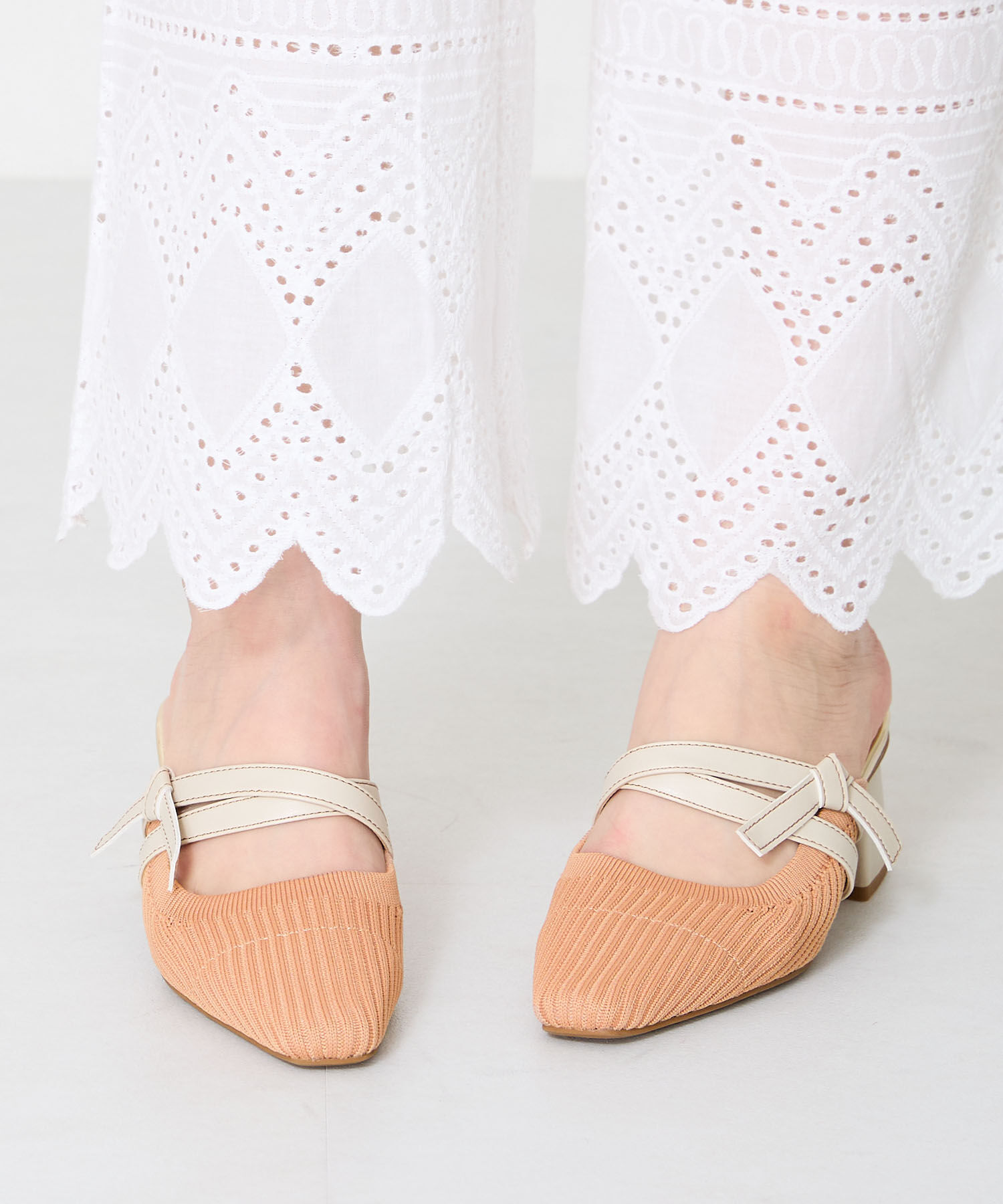 ORiental TRaffic「●2025春夏新作●ニット&times;リボンミュールパンプス/51120 パンプス ミュール ニット 人気 売れてる」|パンプス|