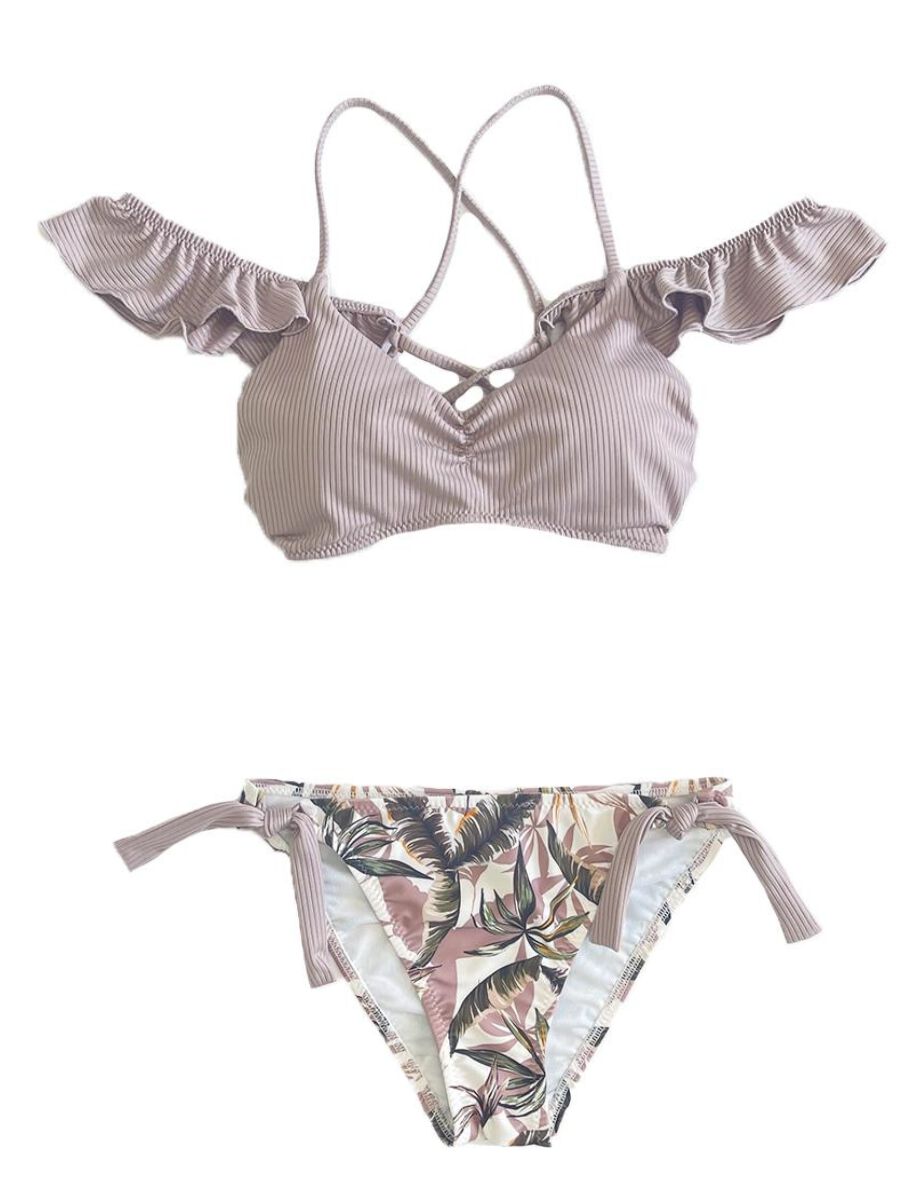 PEAK&PINE「ヴィンテージリーフ柄フレアショルダービキニ」|ビキニ|