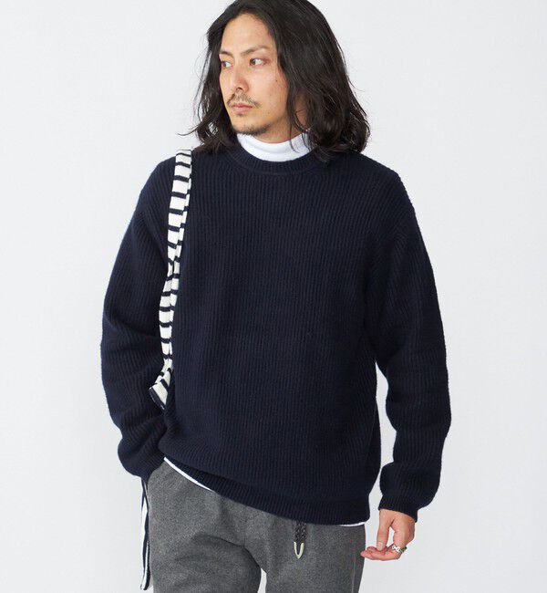 SHIPS「SHIPS:〈手洗い可能〉7ゲージ ブラッシュド コットン クルーネック プルオーバー ニット」|ニット・セーター|ネイビー