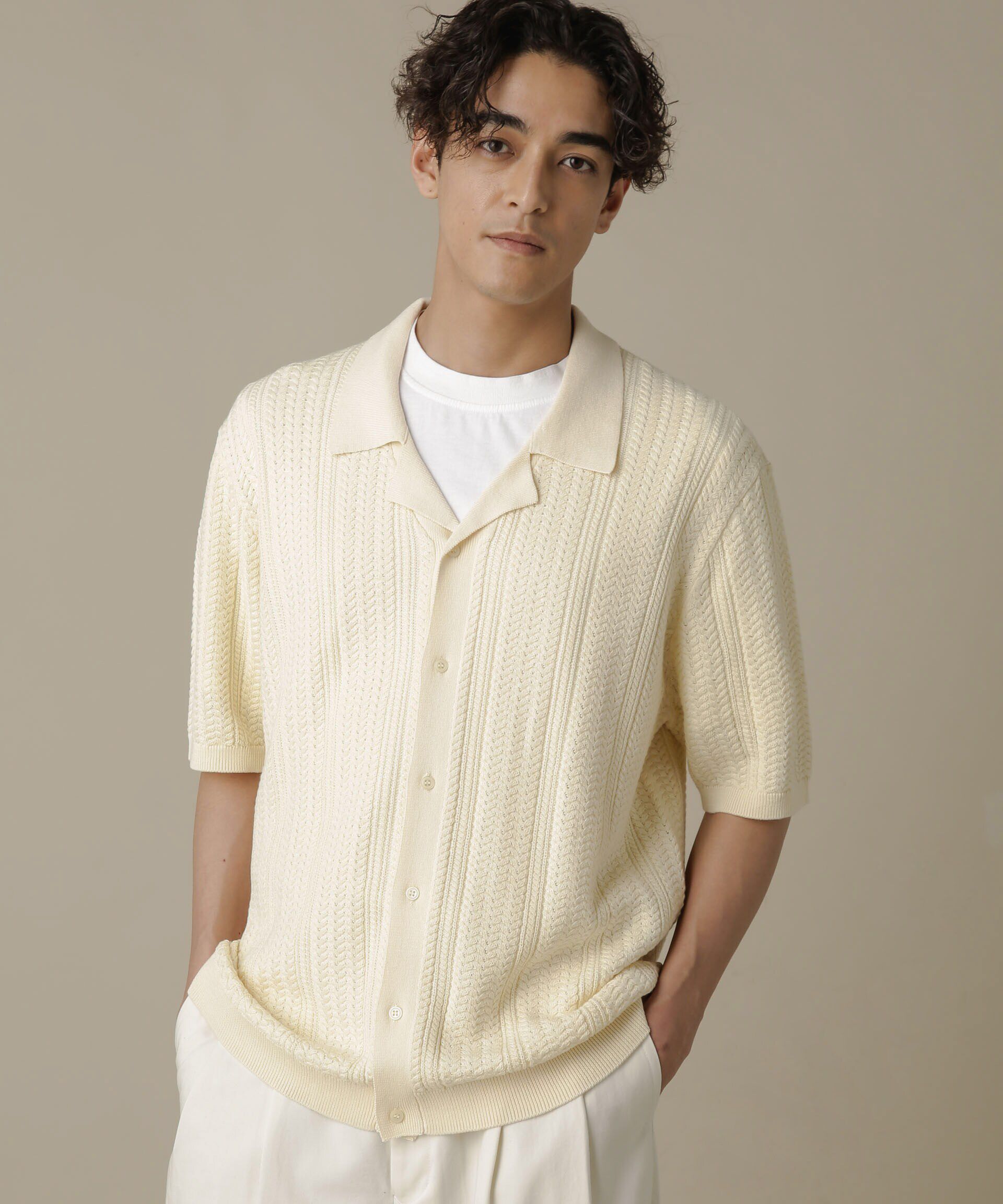 nano･universe「「NJ/CLUB」HOMESTOCKケーブルニットシャツ」|ニット・セーター|