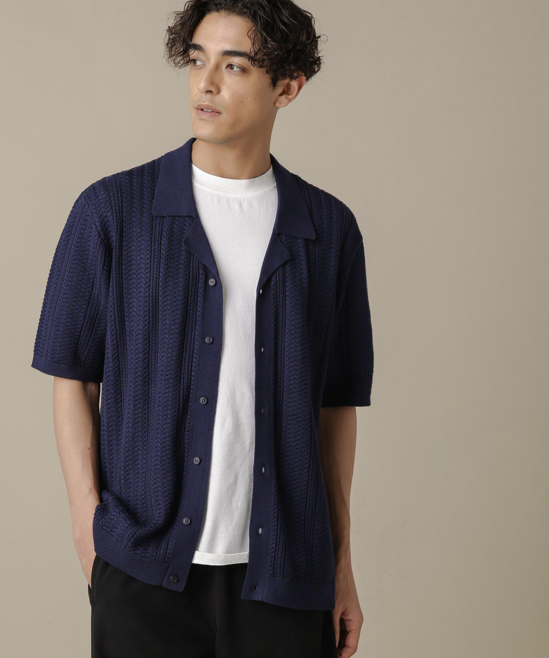 nano･universe「「NJ/CLUB」HOMESTOCKケーブルニットシャツ」|ニット・セーター|ネイビー