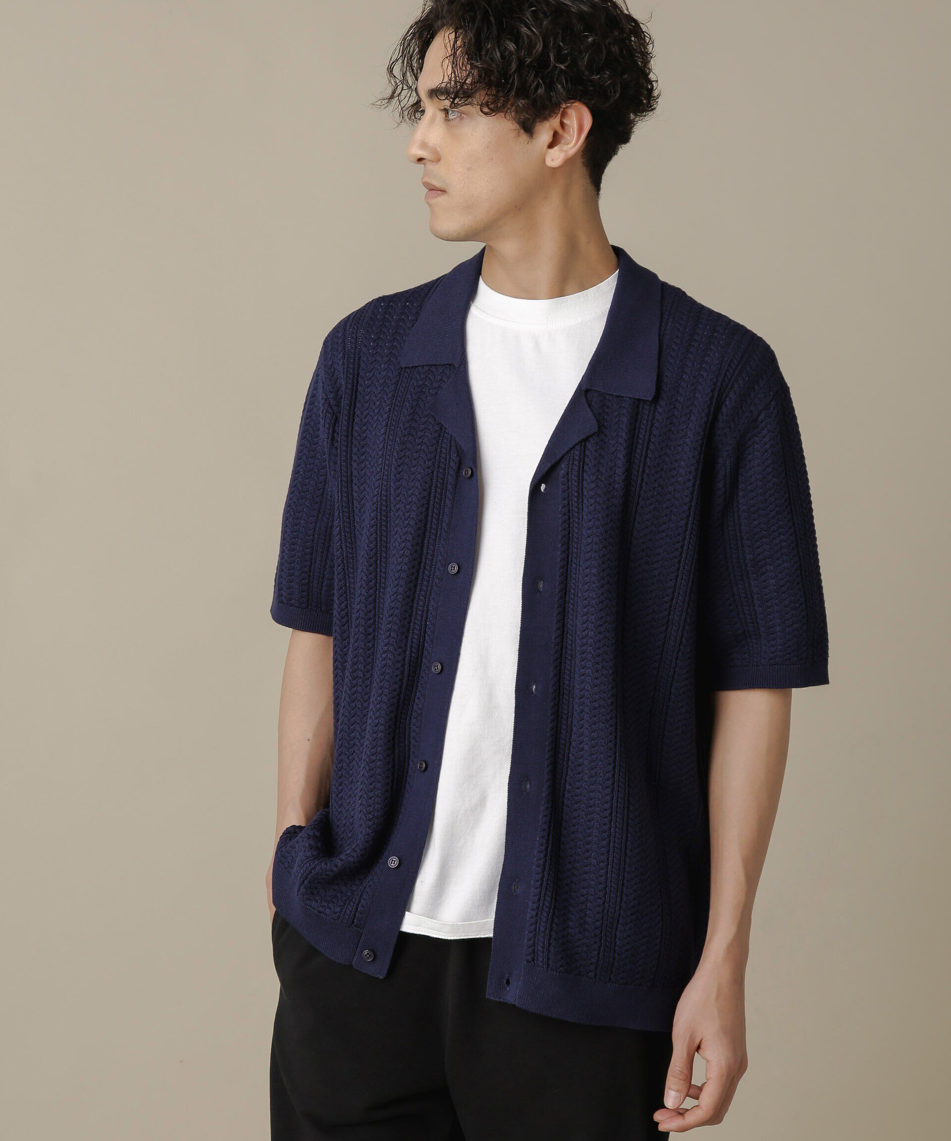 nano･universe「「NJ/CLUB」HOMESTOCKケーブルニットシャツ」|ニット・セーター|