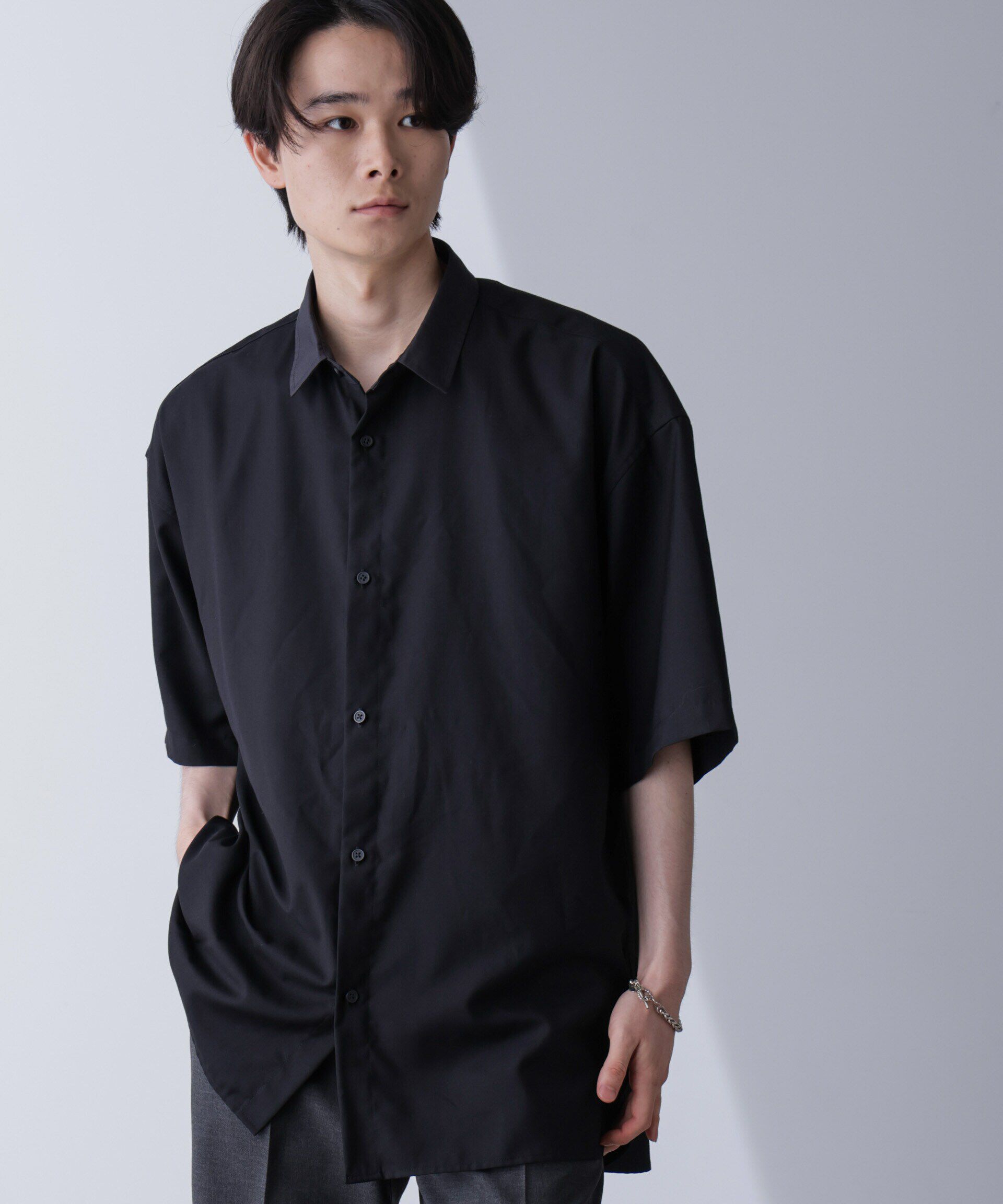 nano･universe「バイカラードレープシャツ 半袖」|シャツ・ブラウス|ブラック