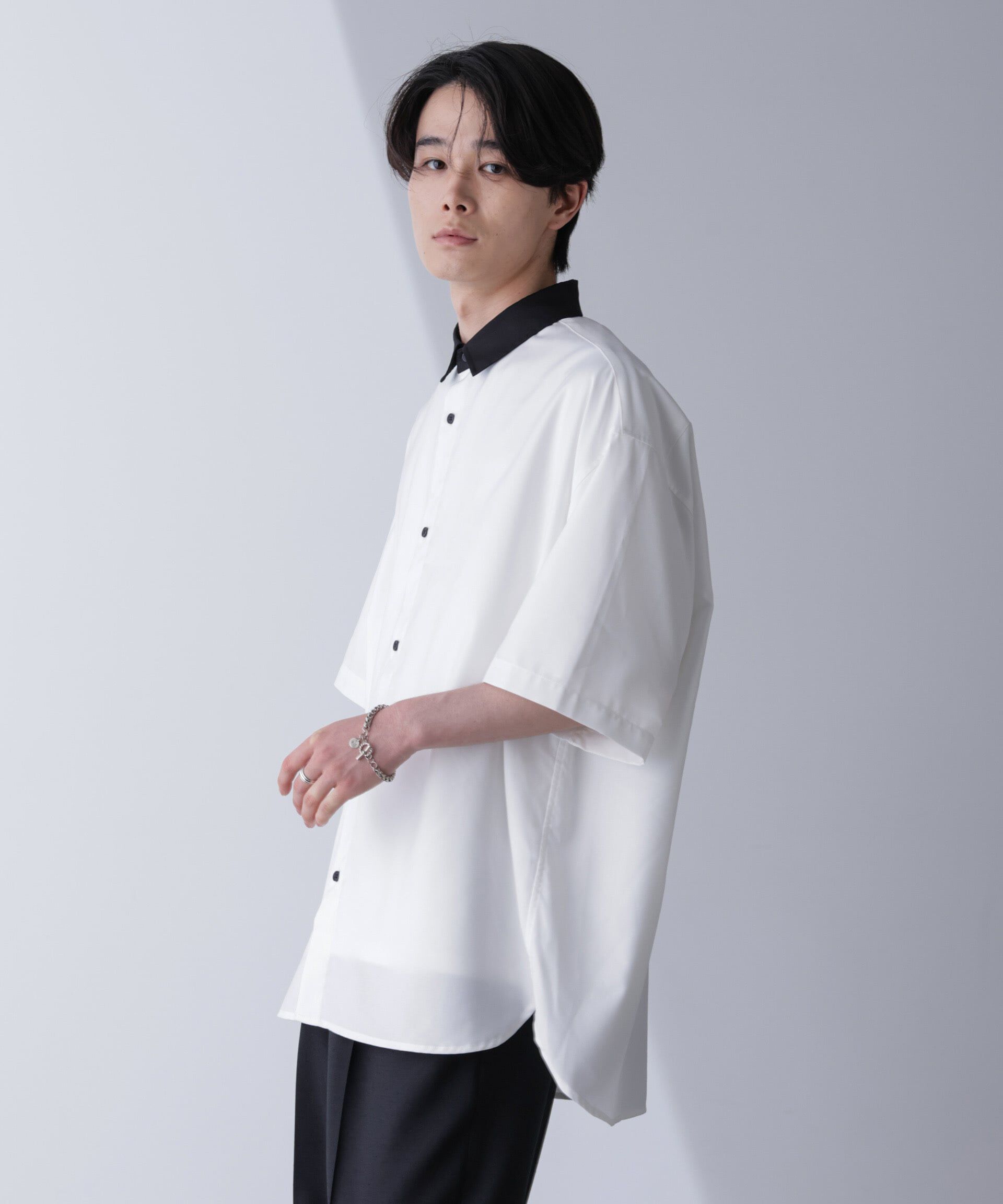 nano･universe「バイカラードレープシャツ 半袖」|シャツ・ブラウス|ホワイト