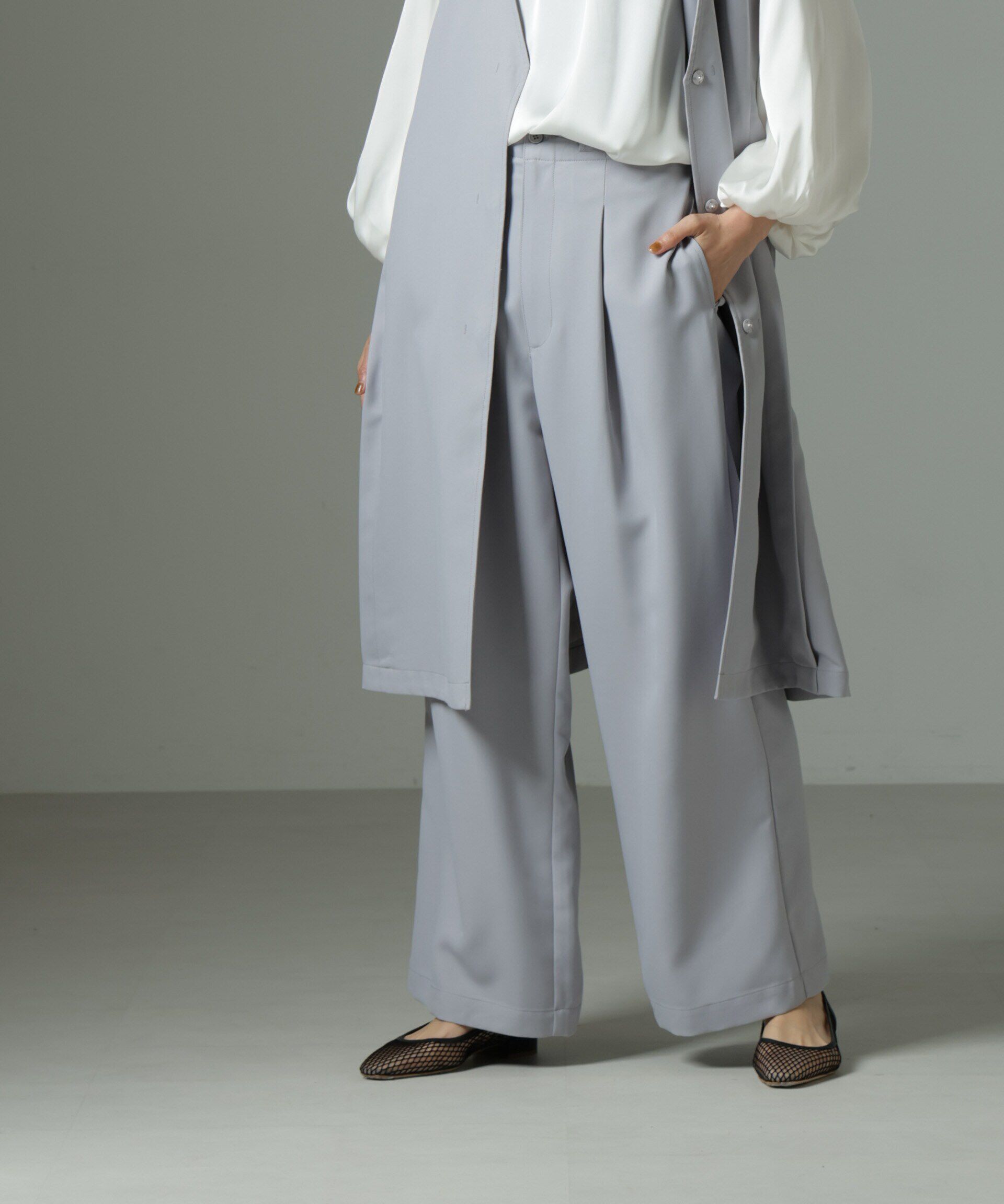 nano･universe「ウエストリボンベルトパンツ（セットアップ可）」|チノ|グレー