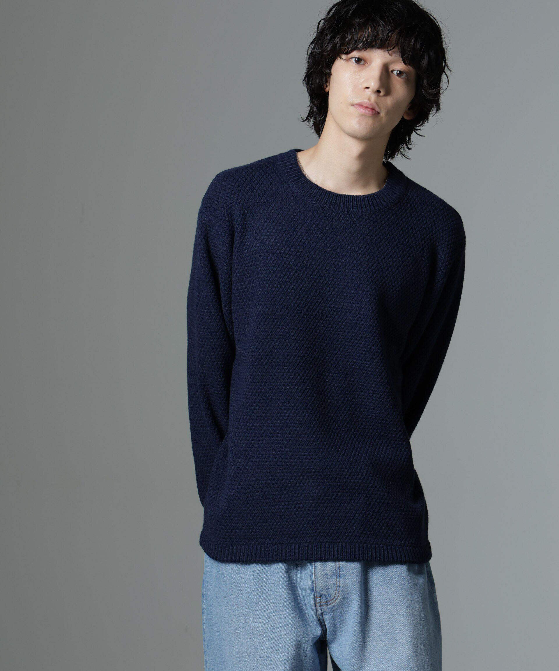 nano･universe「ダイヤ鹿の子ニット」|ニット・セーター|ネイビー