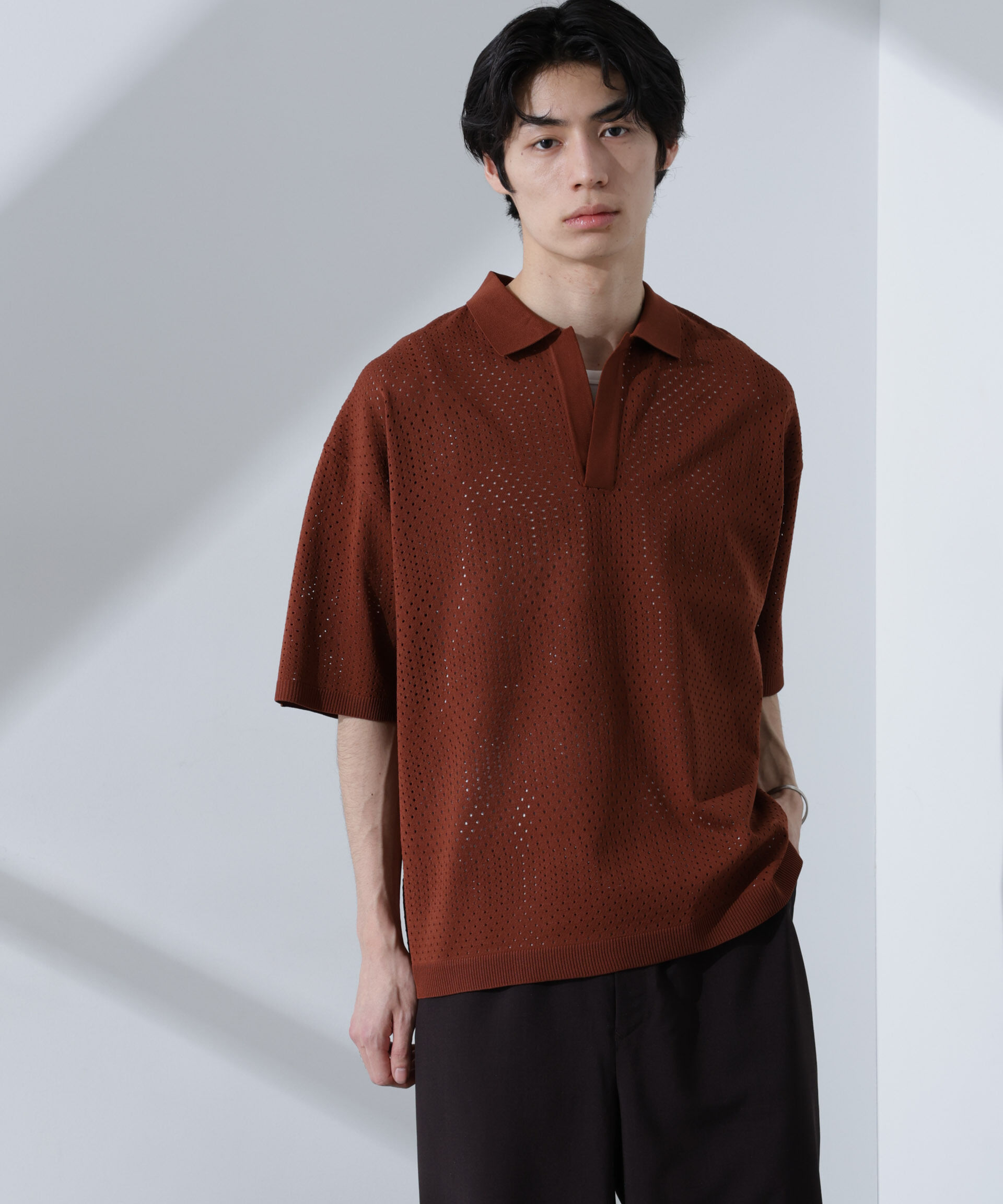 nano･universe「スキッパーテックニットポロシャツ/半袖」|ニット・セーター|ブラウン