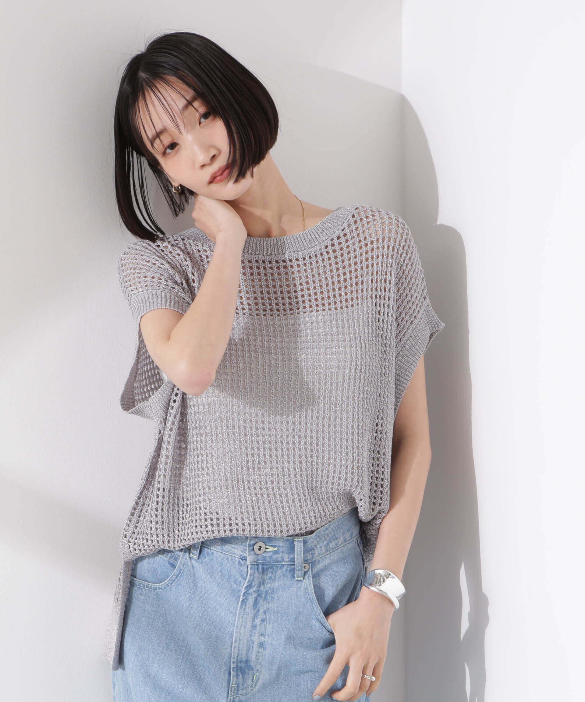 nano･universe「ラメメッシュノースリーブニット (セットアップ可)」|ニット・セーター|グレー