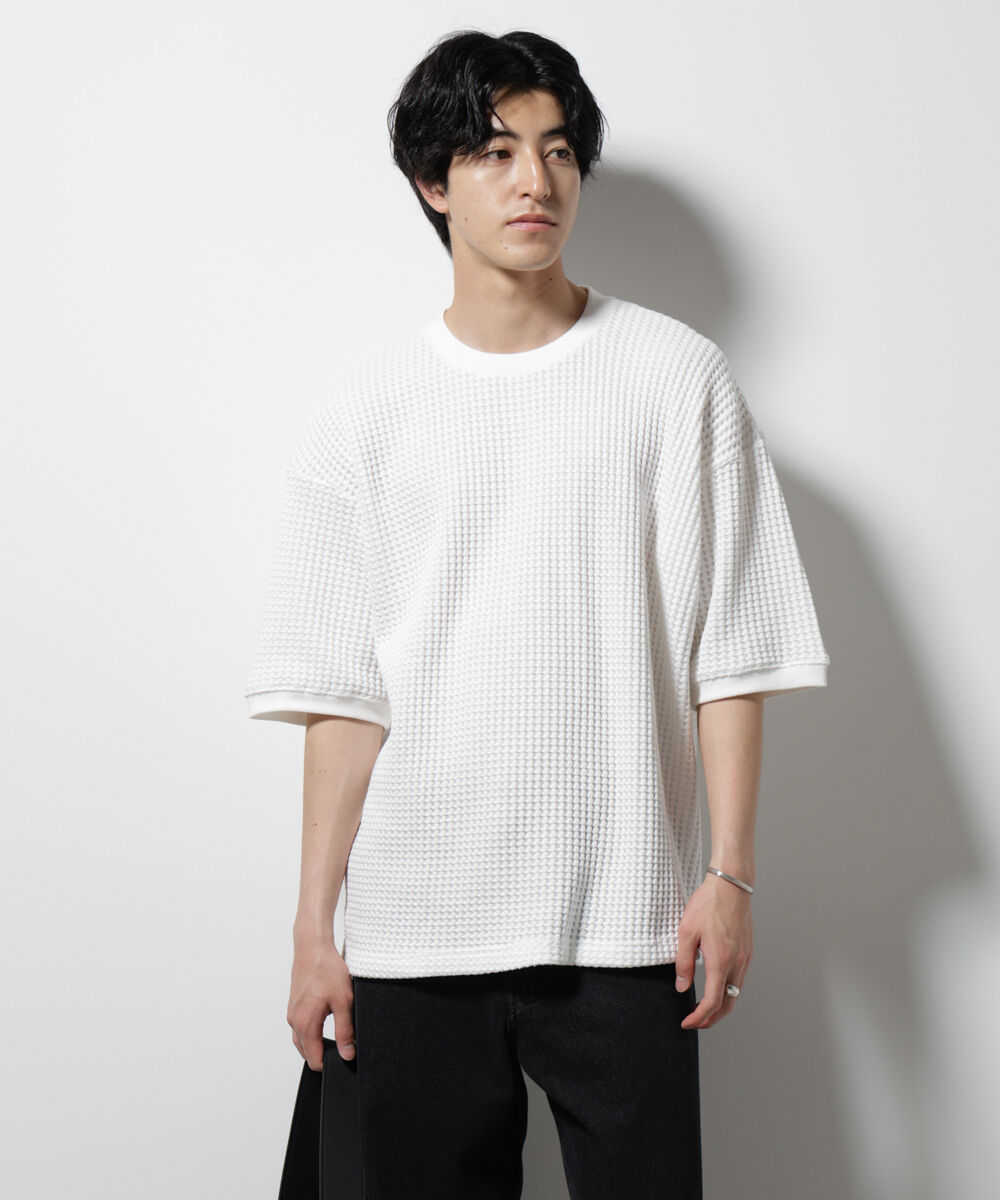 nano･universe「オニワッフルビッグTシャツ 五分袖」|Tシャツ・カットソー|ホワイト