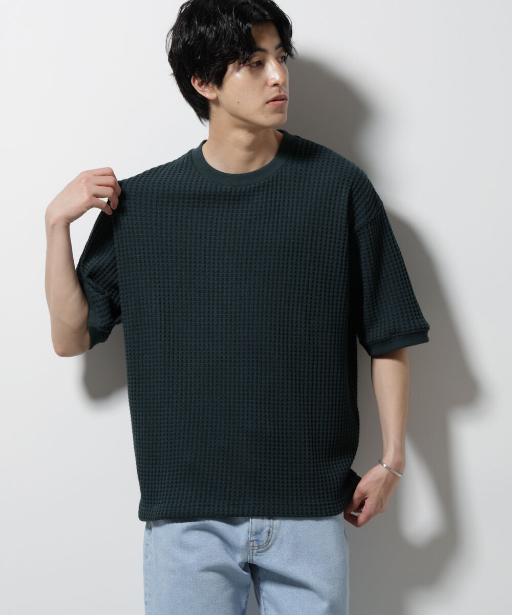 nano･universe「オニワッフルビッグTシャツ 五分袖」|Tシャツ・カットソー|D.グリーン1