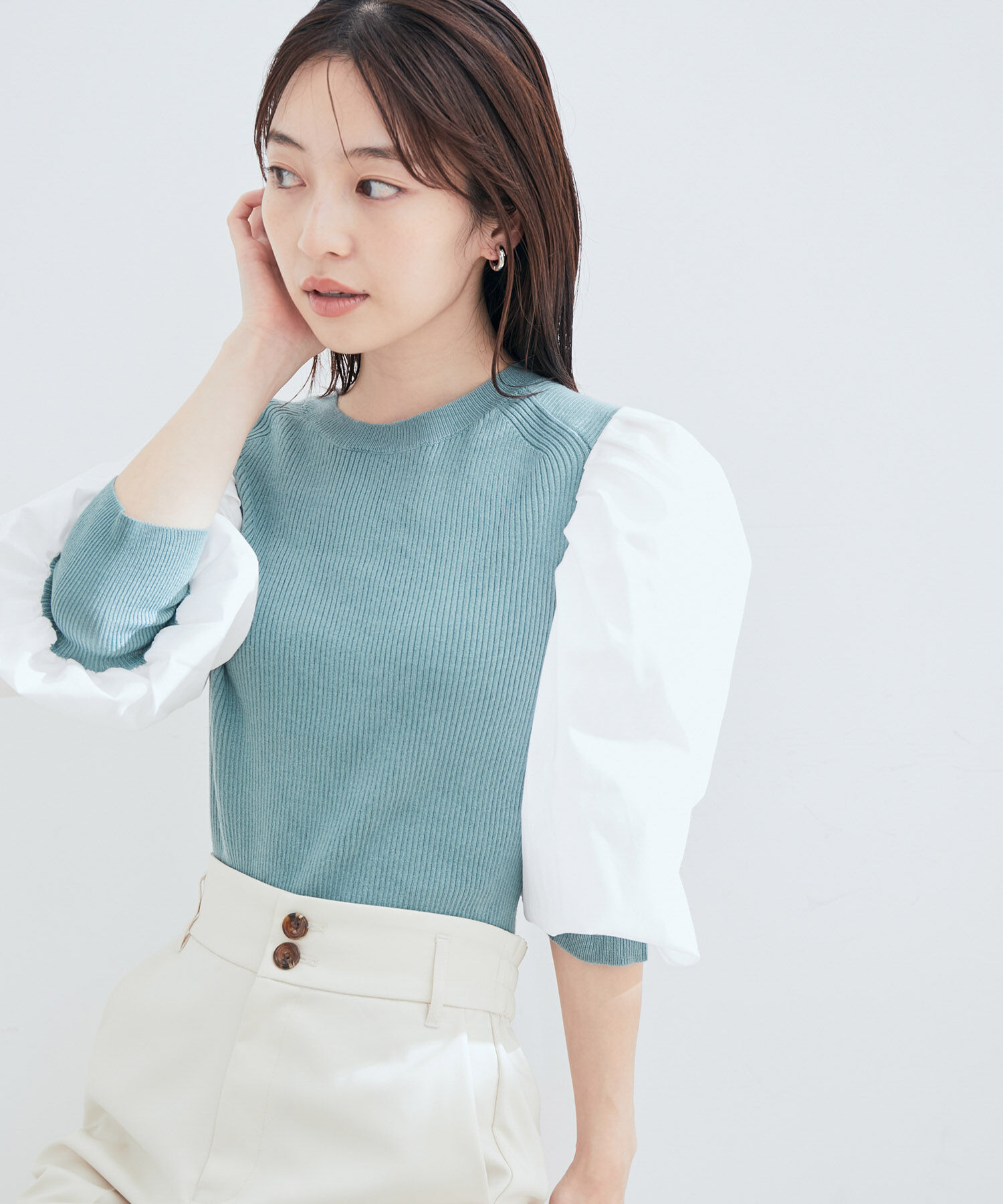 vis-a-vis「【WEB限定】異素材ボリューム袖ドッキングニットプルオーバー」|ニット・セーター|