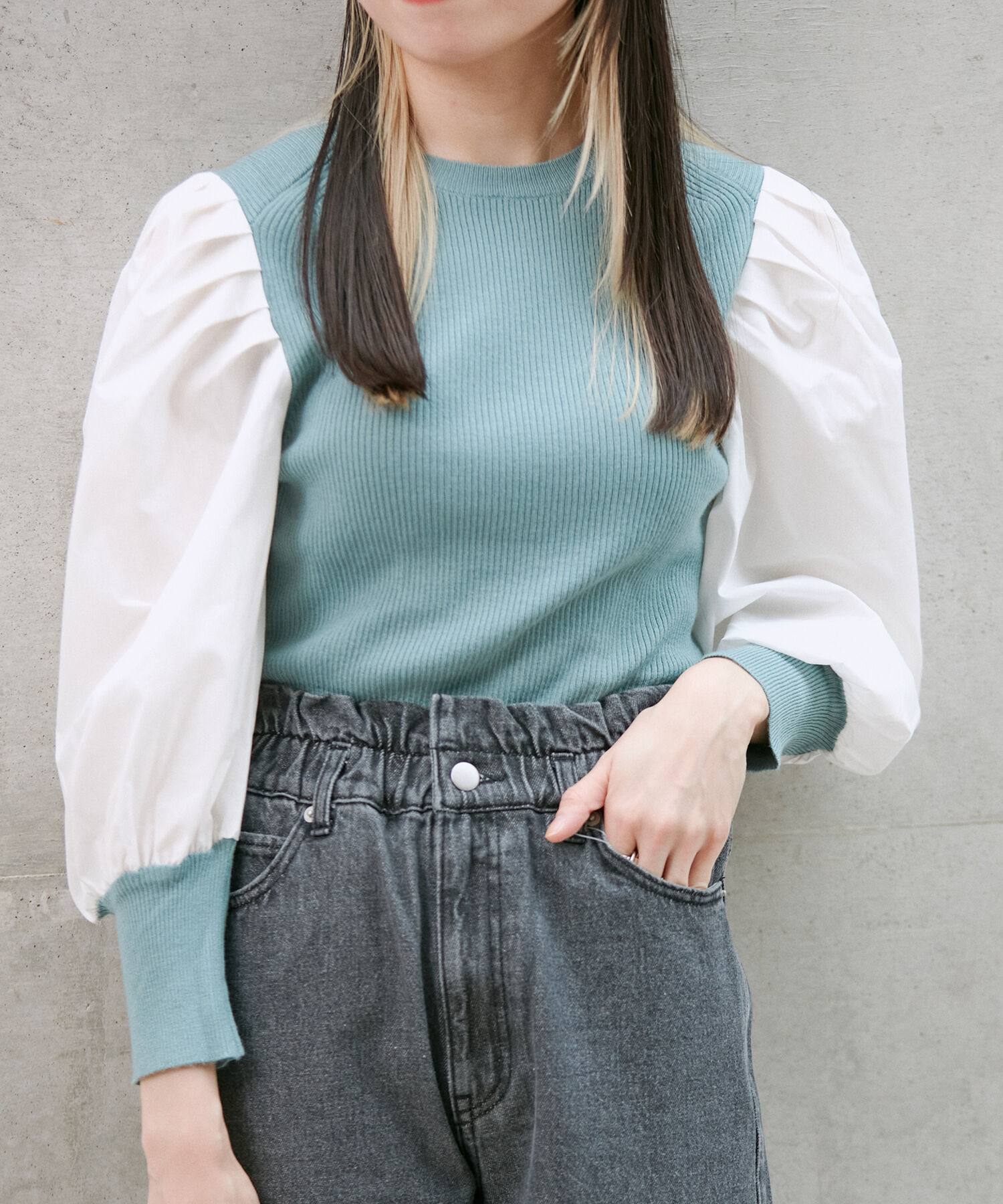 vis-a-vis「【WEB限定】異素材ボリューム袖ドッキングニットプルオーバー」|ニット・セーター|サックス(48)