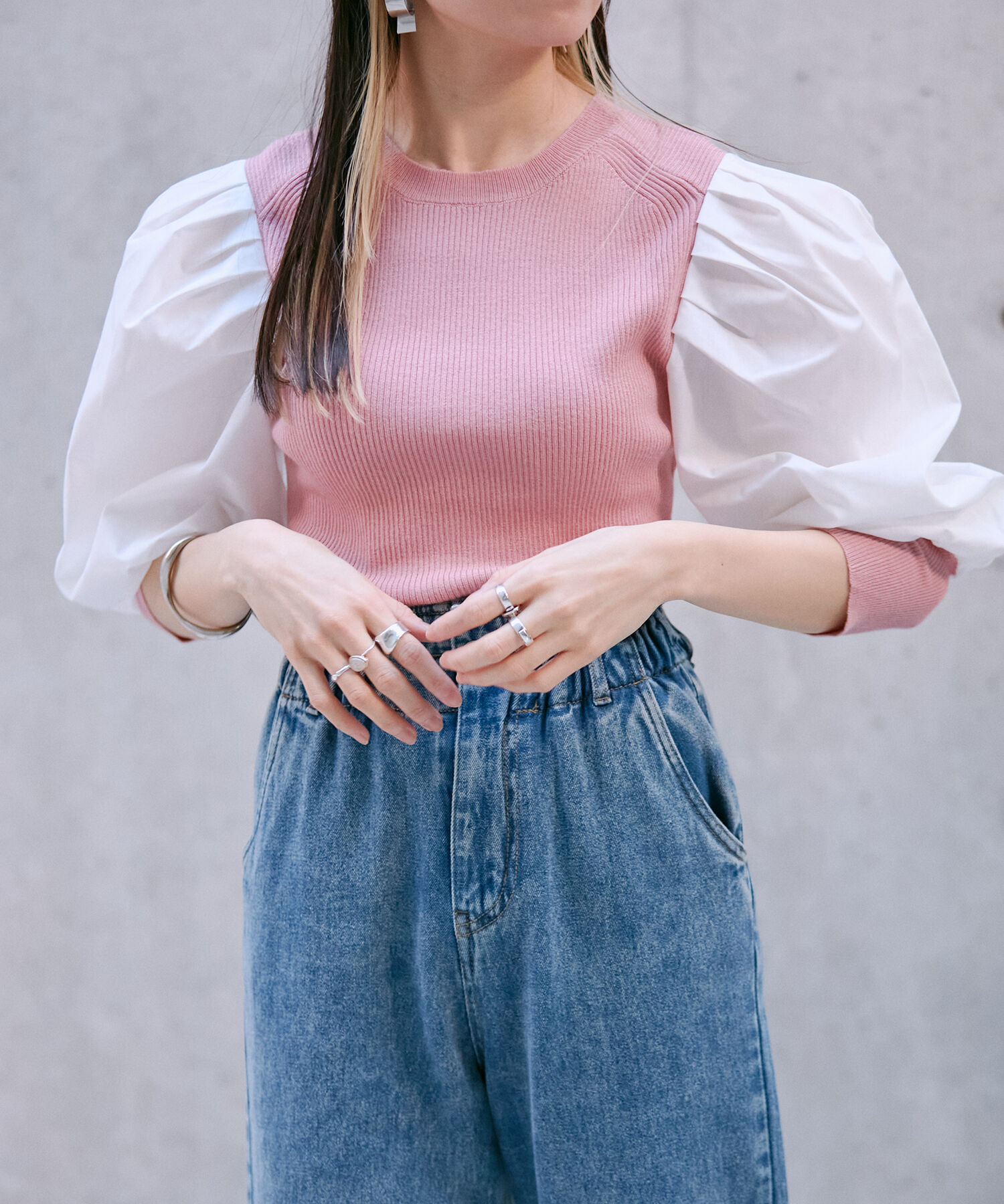 vis-a-vis「【WEB限定】異素材ボリューム袖ドッキングニットプルオーバー」|ニット・セーター|